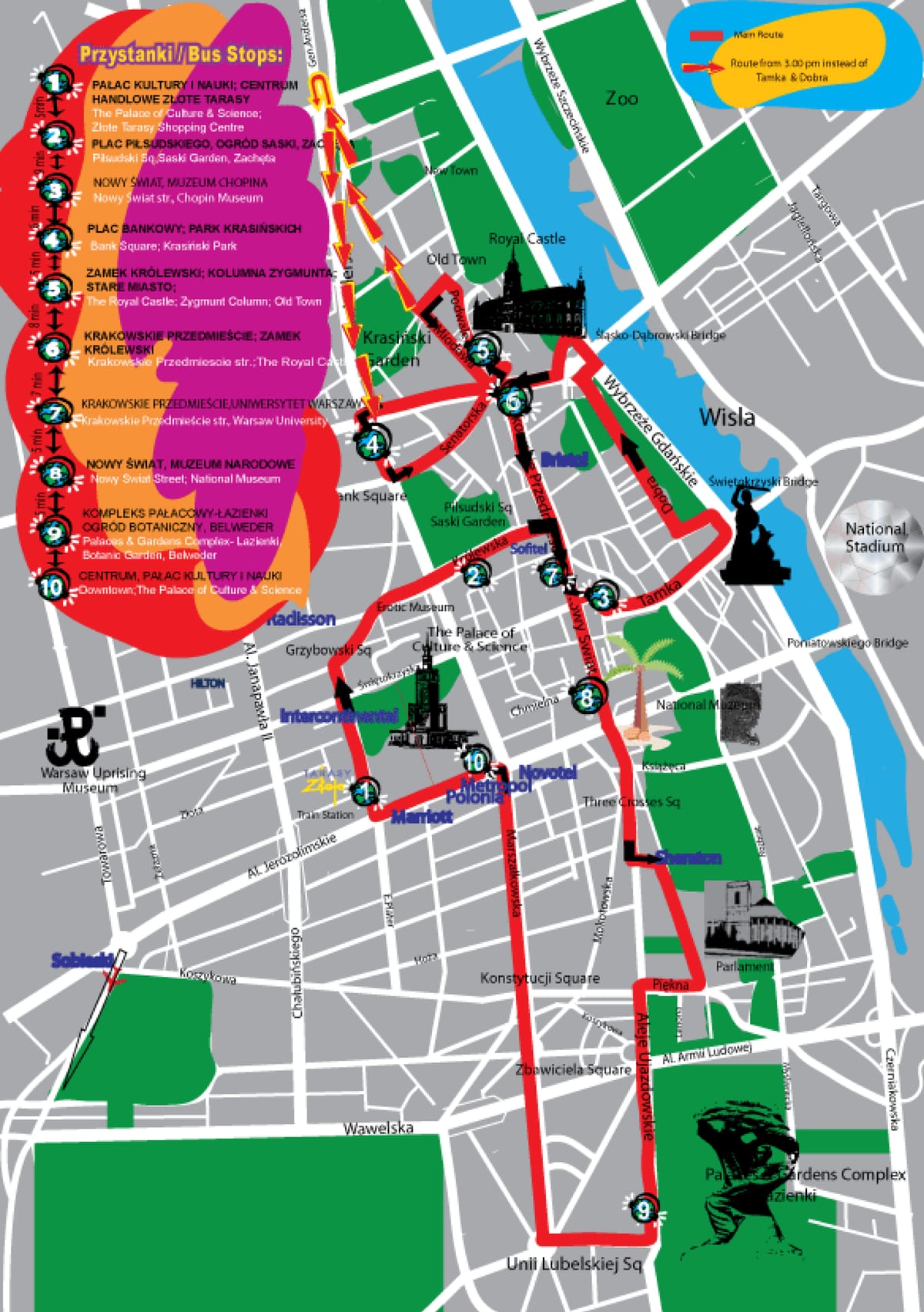 خريطة جولة الحافلة السياحية ذات الصعود والنزول الحر في وارسو مع City Sightseeing